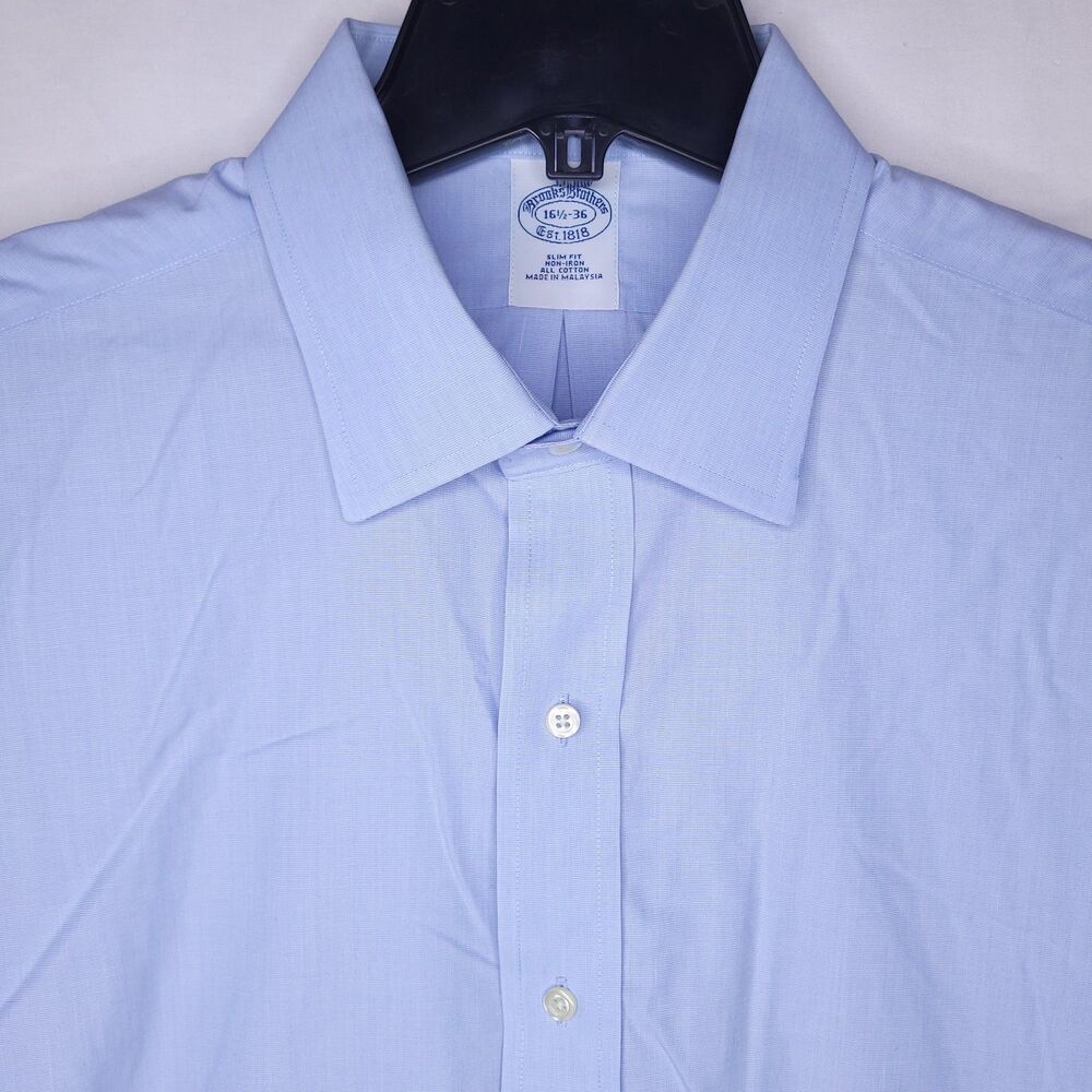Brooks Brothers Dress Shirt Mens 16.5 Blue French Cuff Slim Fit Non Iron 36